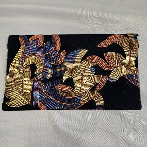 Ricki Designs Black Velvet Beaded Floral Design Snap Front Purse Crossbody - Picture 6 of 16